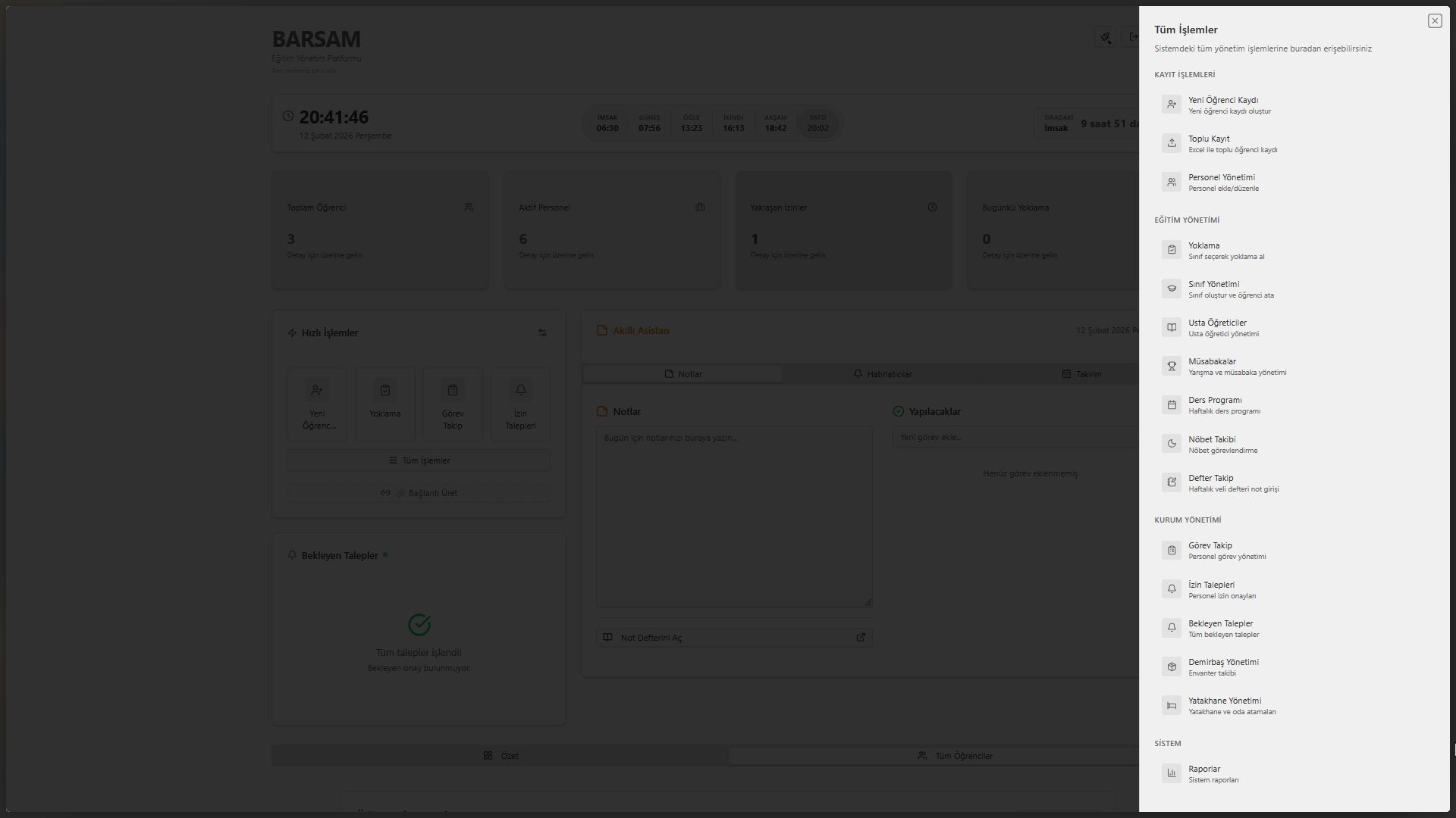 Barsam — Eğitim Teknolojileri Lise Yönetim Paneli Dashboard